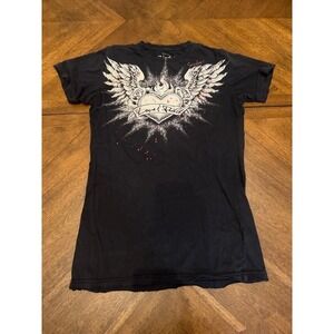 Sinful by Affliction Womens Large Black Winged Heart Love & Pain Graphic T-Shirt